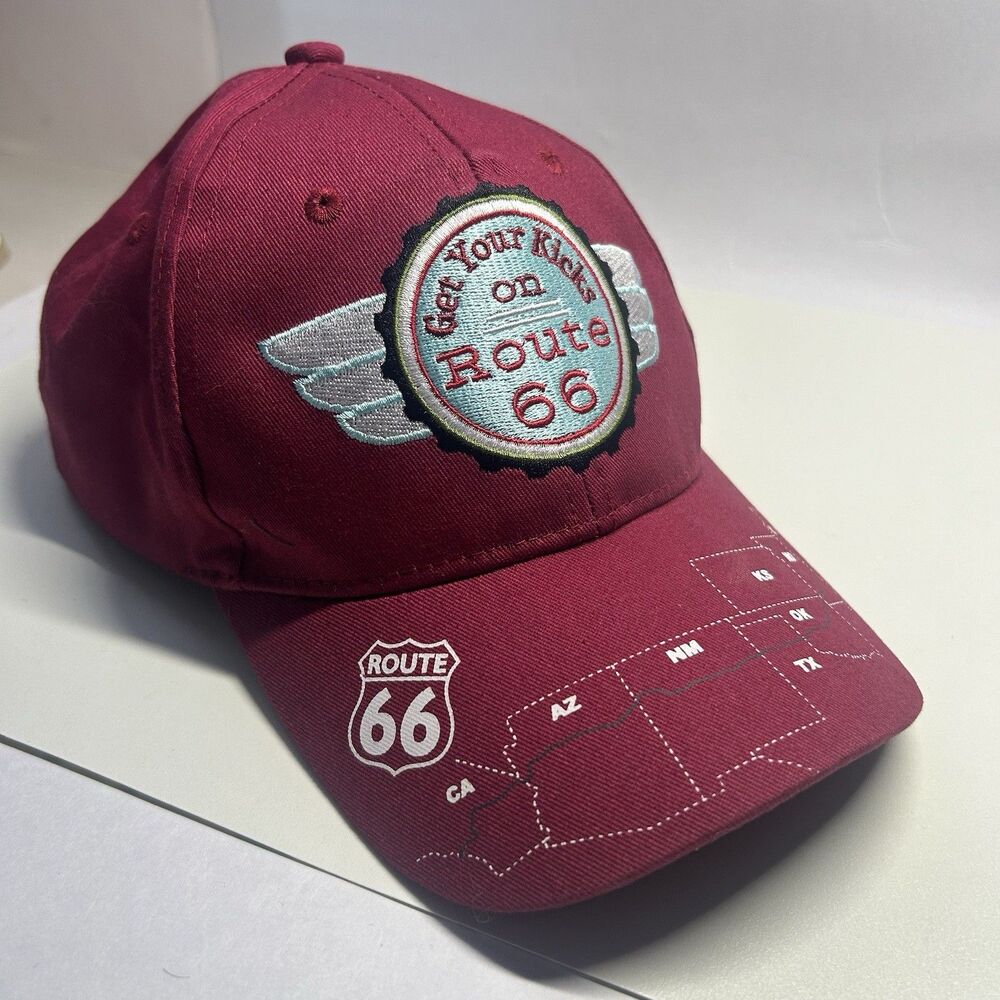 Historic Route 66 Get Your Kicks Baseball Cap Maroon Embroidered Souvenir Map